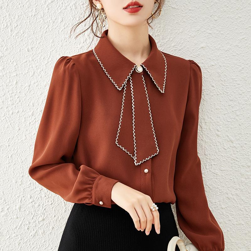 Autumn and Winter Women's Shirt with A Bow New Design Long Sleeved Temperament Chiffon Shirt Base Top