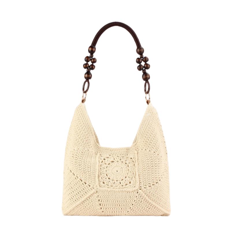 Women Leisure Hollow Out Cotton Rope Handmade Woven Bag Fashionable Flower Pattern Vacation Shoulder Bag Beach Bag