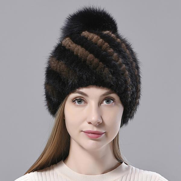 Natural Mink Fur Hats Women Knitted Beanies Woolen Lining Fox Fur Pompom Warm Female Winter Hat