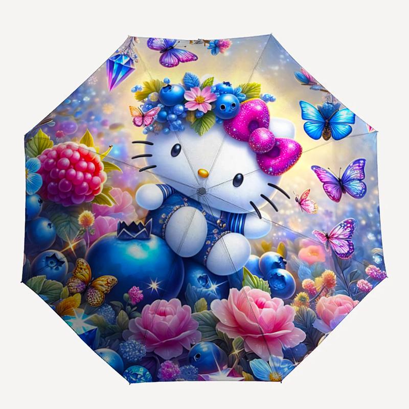 1pc Hello Kitty Fantasy Garden Automatic Folding Umbrella - Portable 3-Fold Design with 8-Bone Iron Frame, Perfect for Outdoor Use, Festive Gifts, Fan