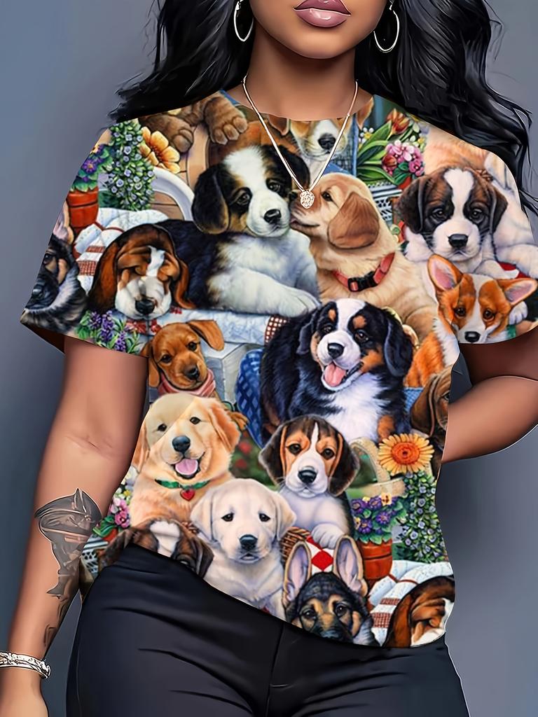 Women'S Full-Body Puppy And Floral Dog Print T-Shirt- Short-Sleeved. Round-Neck Casual Top Featuring Multiple Dog Breeds. Machine Washable Apparel for