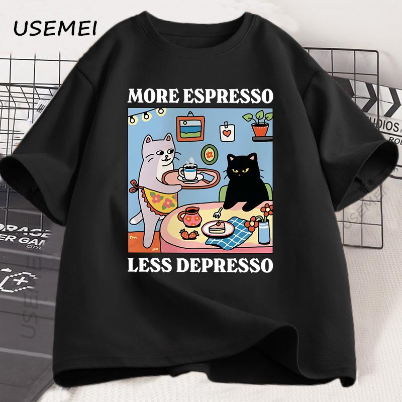 Więcej Espresso Mniej Depresji Czarny Kot Koszulka Unisex Damska Zabawna Kawa Kot Koszulka Casual Letnia Bawełniana Krótki Rękaw Koszulka Top