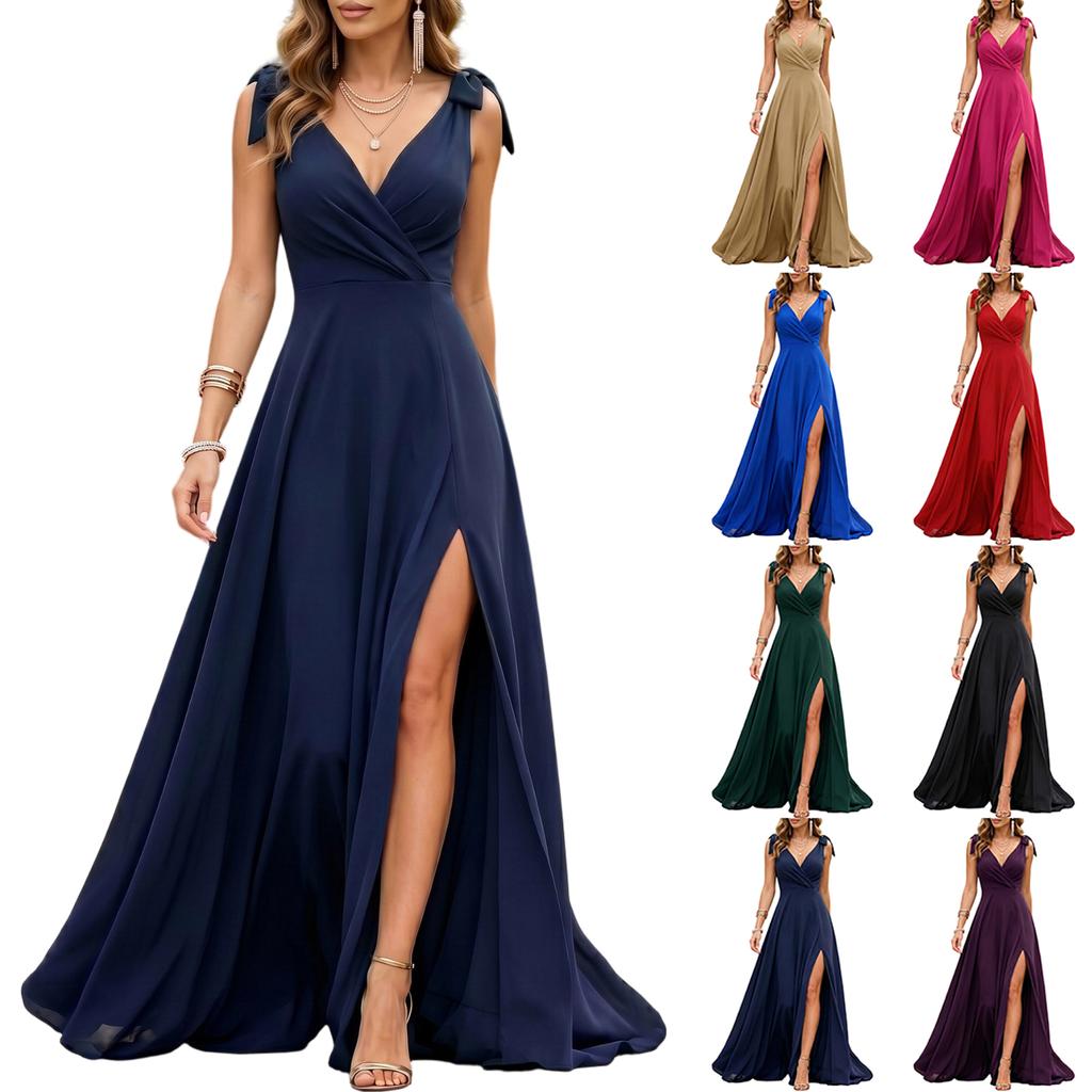 Vestido Largo Formal de Noche para Fiesta de Bodas con Escote en V, Sin Mangas, Tirantes con Lazo en el Hombro y Abertura Lateral