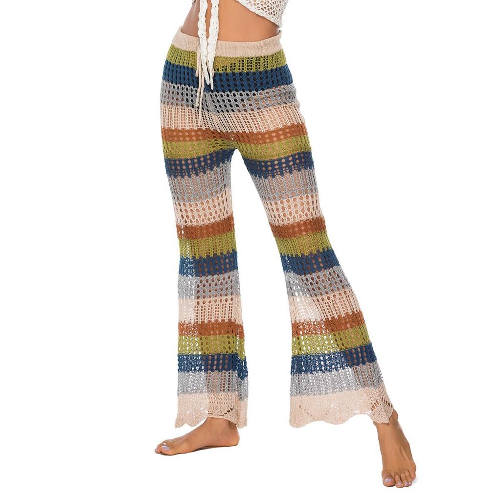 Women's Pants Flared Leg Hollowed Out Trousers Knitted Lace Up Beach Pants