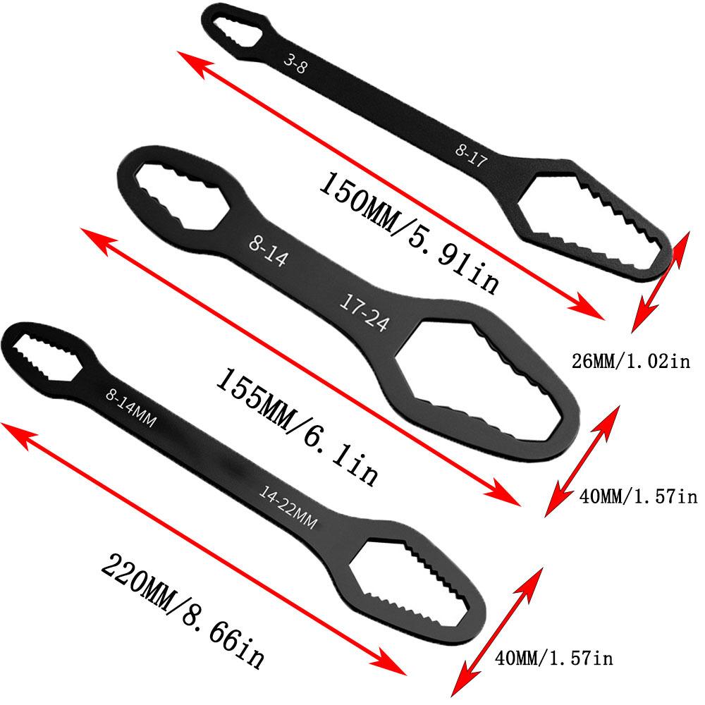 3pcs Set Multifunctional Black Torx Wrench | Adjustable Self-Tightening Dual-Head Wrench with 3-24mm Sizes, 5mm Thick Durable Design and Portable