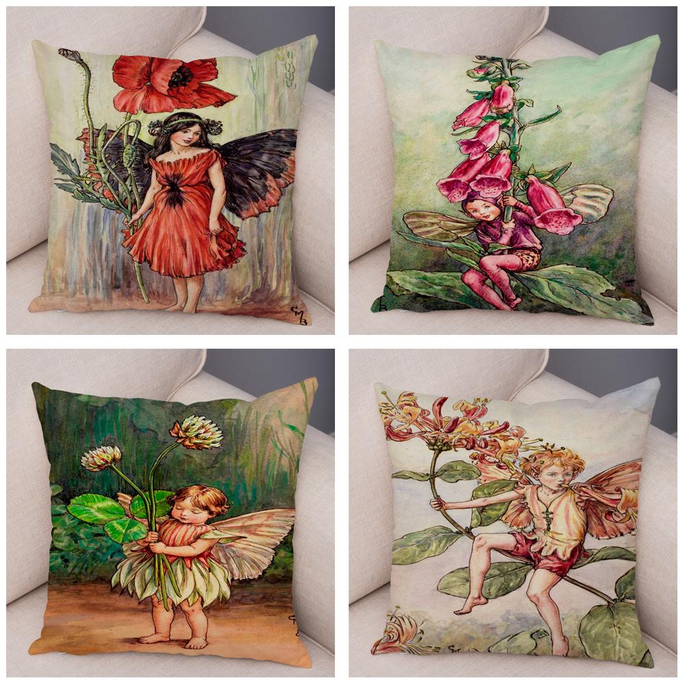 Colorful Fairy Tale World Elves Cushion Cover Decor Cute Cartoon Flower Girl Pillow Case for Sofa Home Polyester Pillowcase
