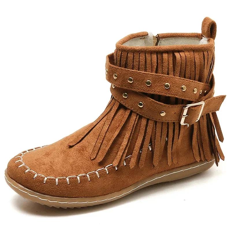 Bohemian Style Tassels Ankle Boots Women Retro Faux Suede Buckle Strap Short Boots Woman Plus Size 43 Flat Heels Western Botas