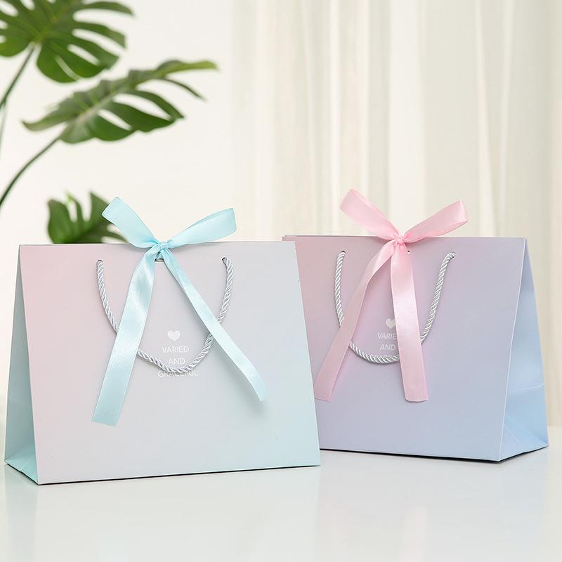 5Pcs Paper Gifts Bags With Bow Recyclable Birthday Wedding Handle Shopping Bags Present Clothing Cosmetic Jewelry Packaging Bags