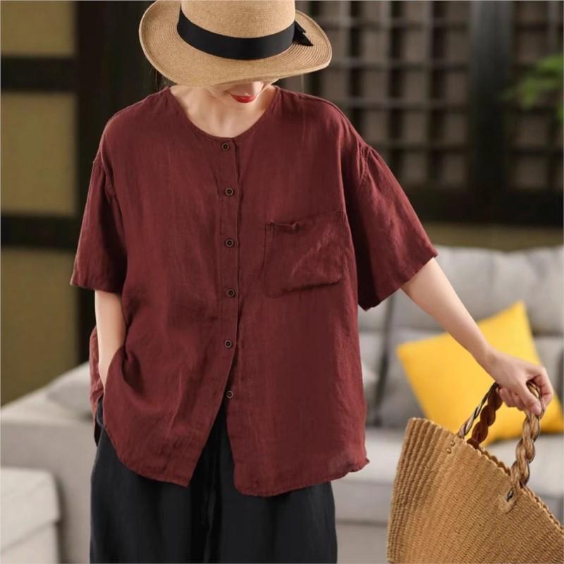 Johnature Women Vintage Solid Color Shirts O-Neck Half Sleeve Patchwork Pockets Summer Loose Casual Button Shirts