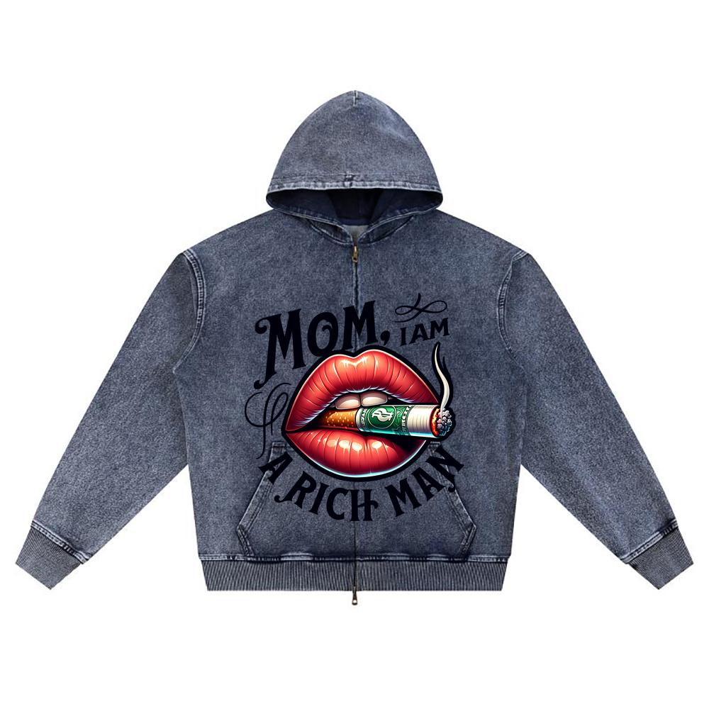 

DTG print Knitted Denim Zip-Up Hoodie Mom, I am a rich man Brother Print Zipper Hoodies XL темно-синий