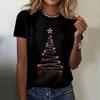 Short Sleeved T-shirt for Women with Christmas Tree Print Round Neck