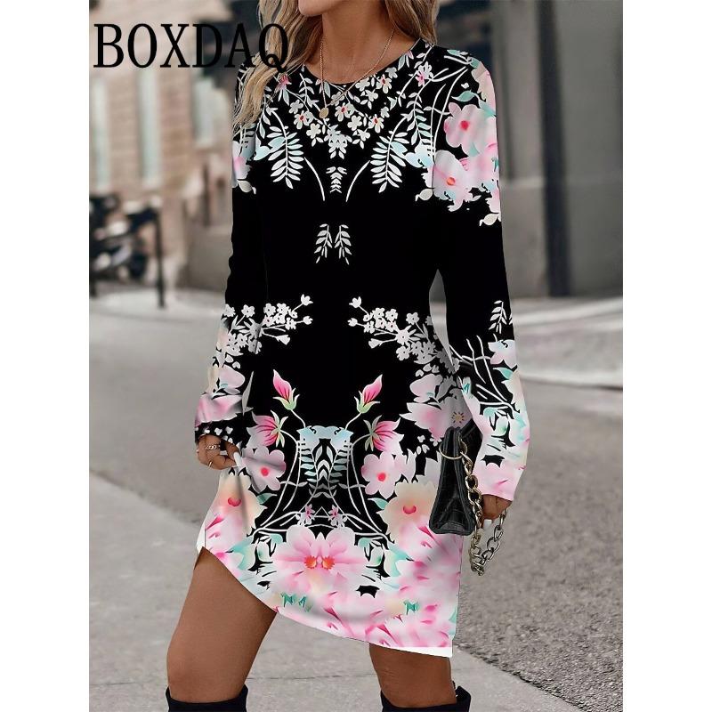 Vintage Print Womens Dresses Casual O-Neck Autumn Dresses For Women Long Sleeve Y2k Female Dress Loose Clothing Vestidos