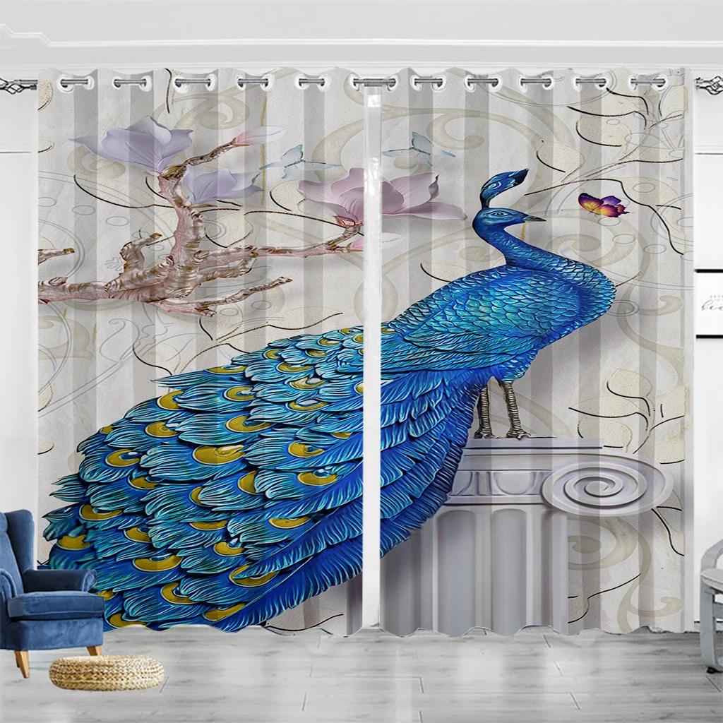 Green Peacock Feather Blackout Curtains Beautiful Watercolor Bird Flower Peony Pattern Livingroom Decor Shading Cloth Drape 2Pcs