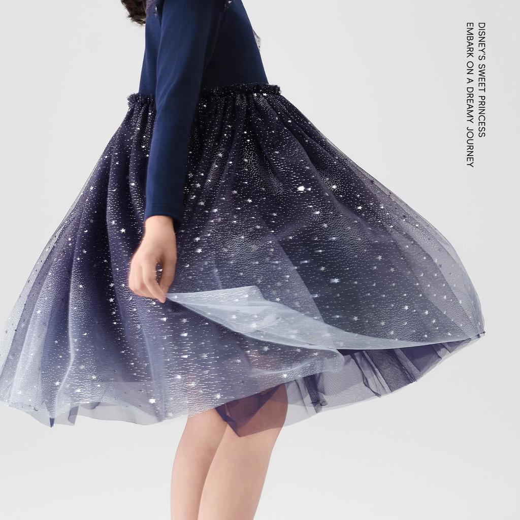 Verträumtes Sternenhimmel-Farbverlaufs-Netzkleid: Prinzessinnenkleid mit Herzchen und Strasssteinen für Mädchen