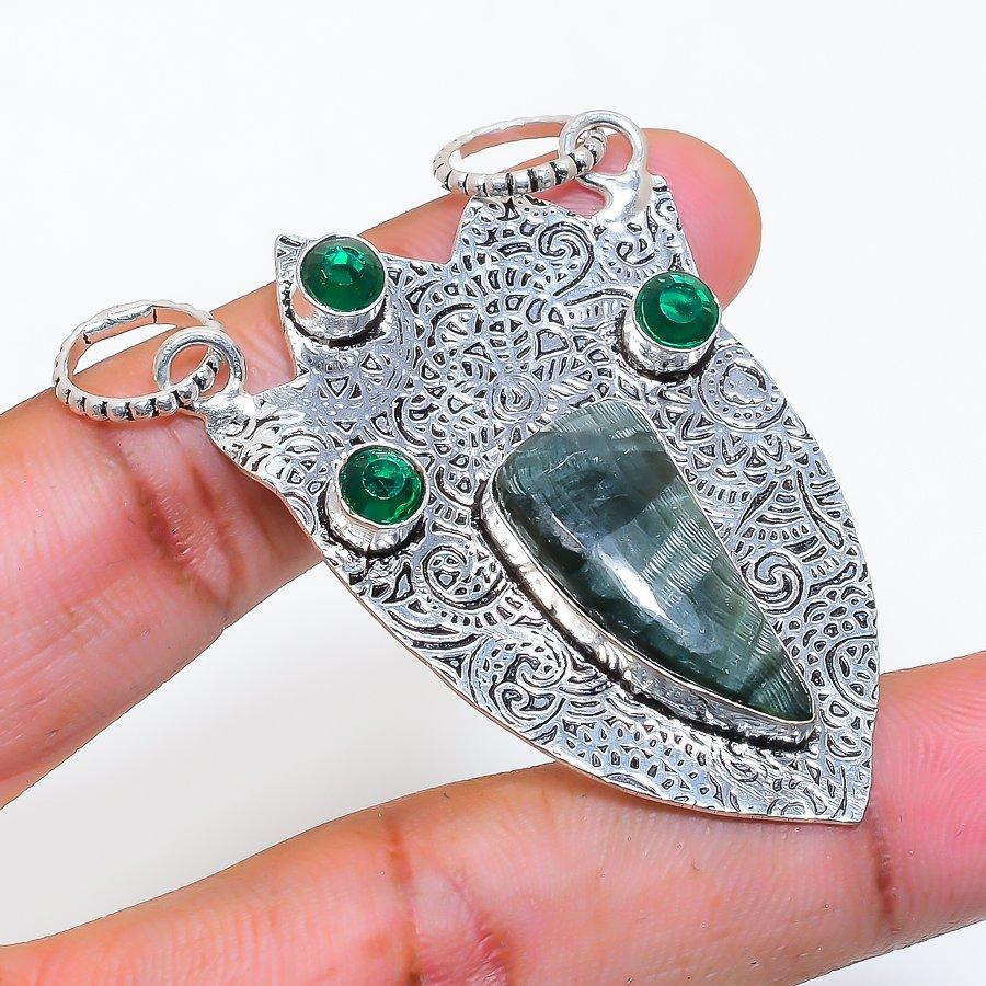 Natural Seraphinite, Diopside 925 Sterling Silver Jewelry Pendant 2.21" ZS-336