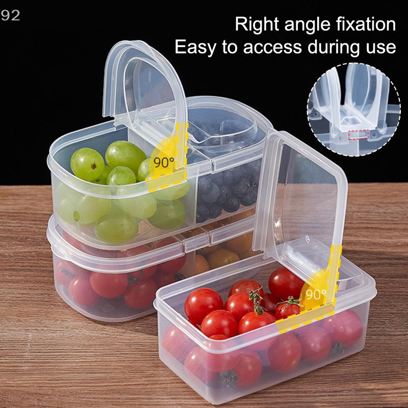 Tanque Selado Multifuncional de Plástico para Grãos Alimentícios de Cozinha com Tampa de Compartimento Duplo Caixa de Armazenamento Fresco para Geladeira de Cozinha