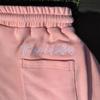 European and American Pink Embroidered Elastic Drawstring Casual Straight Leg Loose Shorts