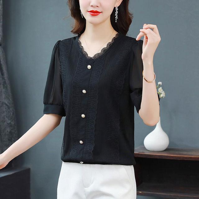 

Рубашка из ледяного шелка, женская блузка с коротким рукавом, новая летняя свободная модная универсальная блузка с v-образным вырезом и кружевной строчкой, M-4XL XL чёрный