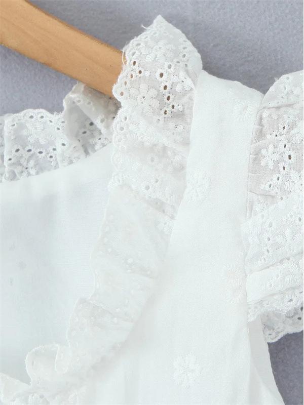 Women's Embroidered Lace Flutter Sleeve Top & Drawstring Cake Skirt Set