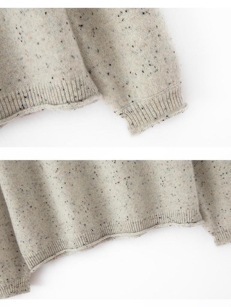 Women's Round Neck Cashmere Sweater - Rolled Hem, Marled Dot Yarn, Warm Knit for Autumn/Winter