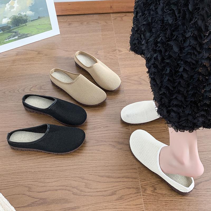Mode Einfarbig Quadratische Zehenpartie Mesh Slipper Flache Damenschuhe Weiche Sohle Strick Ballerinas Schuhe Lässige Slipper Bootsschuhe