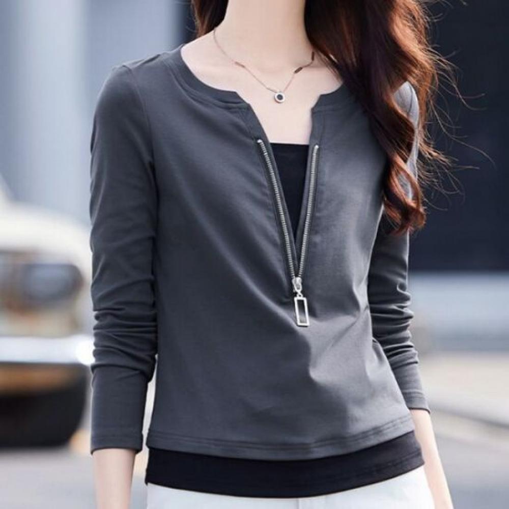 Navava Women Layered Zipper PoinT Long Sleeve T shirT nT3247