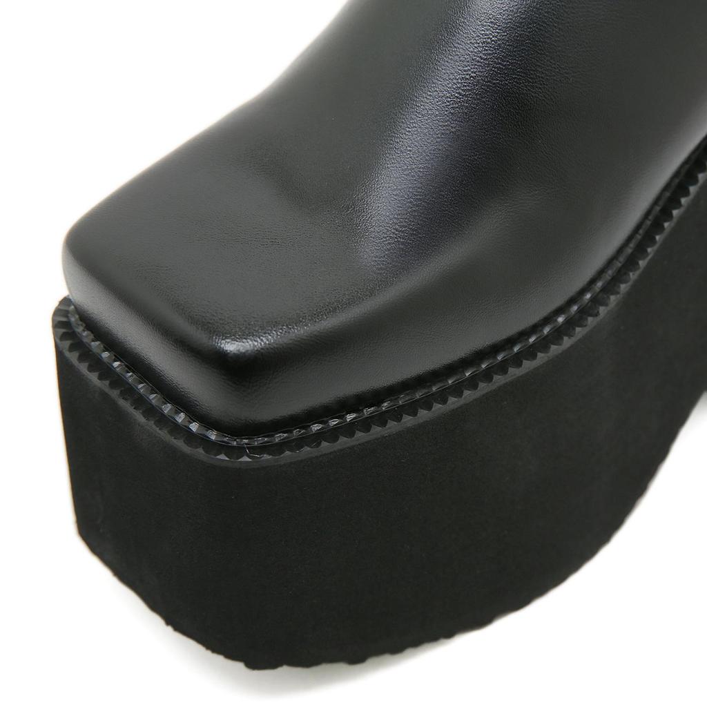 Gdgydh Fashion Square Toe Platform Mules Black PU Slip-On Loafers Thick Heels Comfortable Summer Footwear for Women Slippers