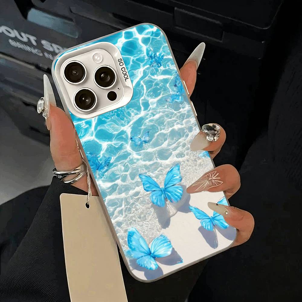 Blue Butterfly Ocean Wave Phone Case For iPhone 17,16,15,14,13,12,11 Plus,Pro Max,XS,white Silver Phone Case
