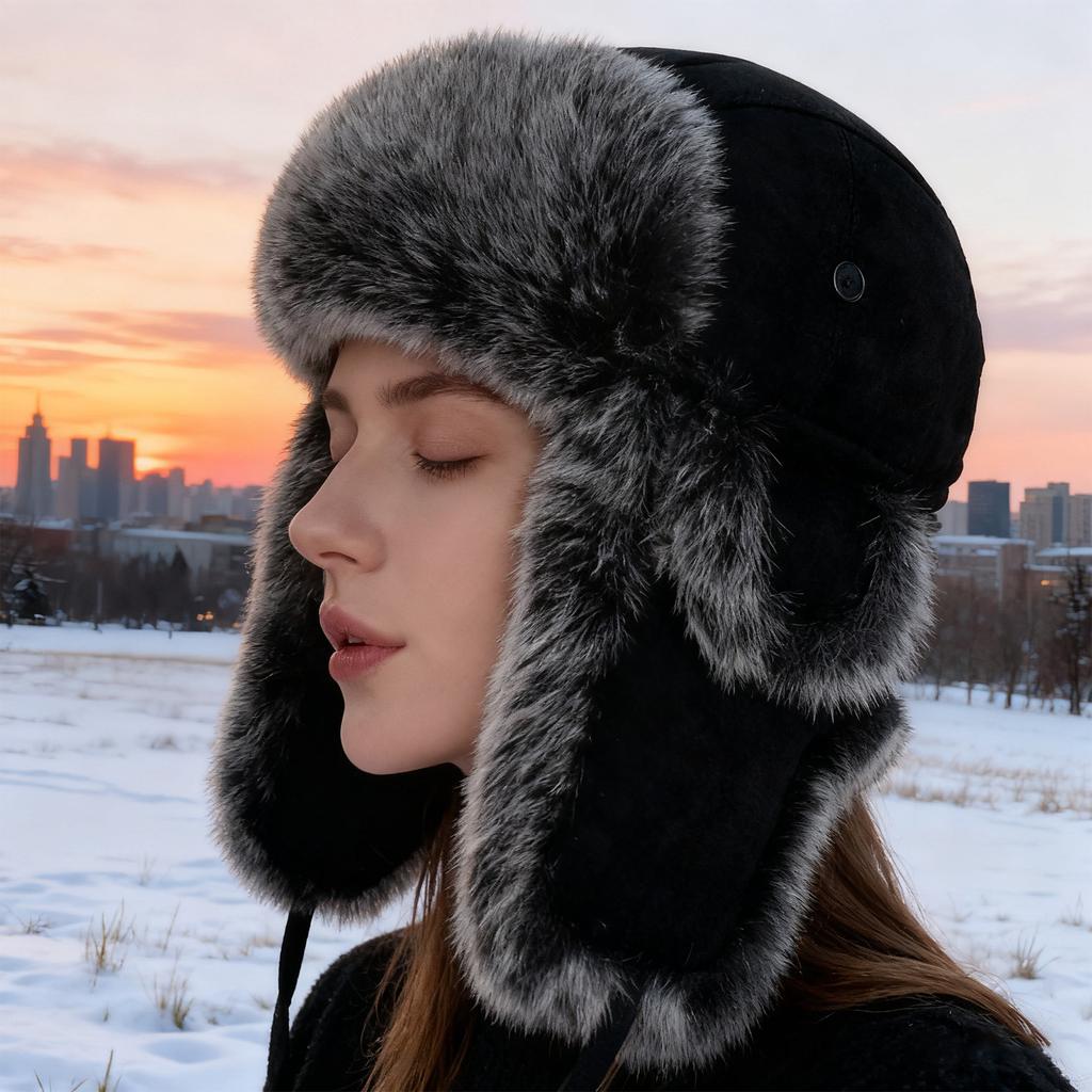 Winter Trapper Hat Faux Fur Lined Aviator Cap with Ear Flaps Adjustable Chin Strap for Cold Weather Outdoor Activities