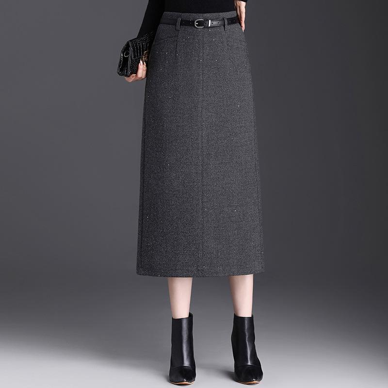 Chic High-Waisted Wool Blend Slit Skirt – 2026 Autumn/Winter Elegant Korean Style 3XL серый