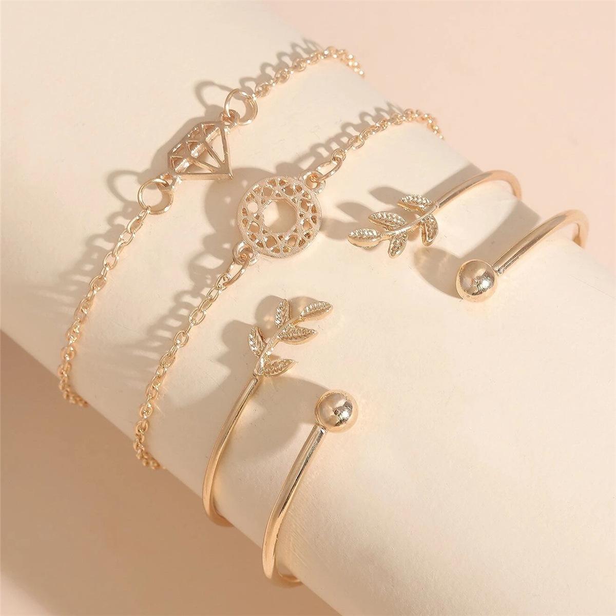 

Аксессуары, Простой браслет-ловец снов с бриллиантами в виде листа, Аксессуары для женщин, Атмосферный летний универсальный комплект из 4 браслетов золотой