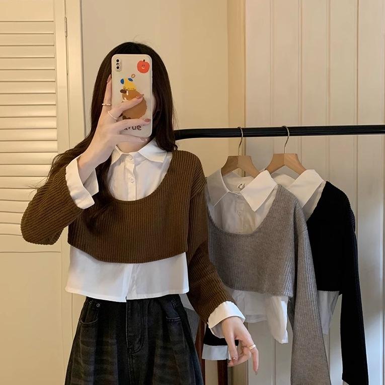 Women's French Chic Knit Sweater: Two-Piece Illusion, Shirt Collar, and Long Sleeves for Autumn/Winter
