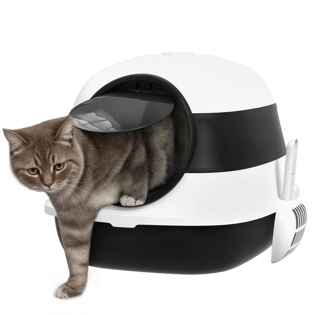 Closed Cat Litter Box with Lid, Scoop and Deodorizer, Foldable Design, 52x41x38 cm, White and Black
