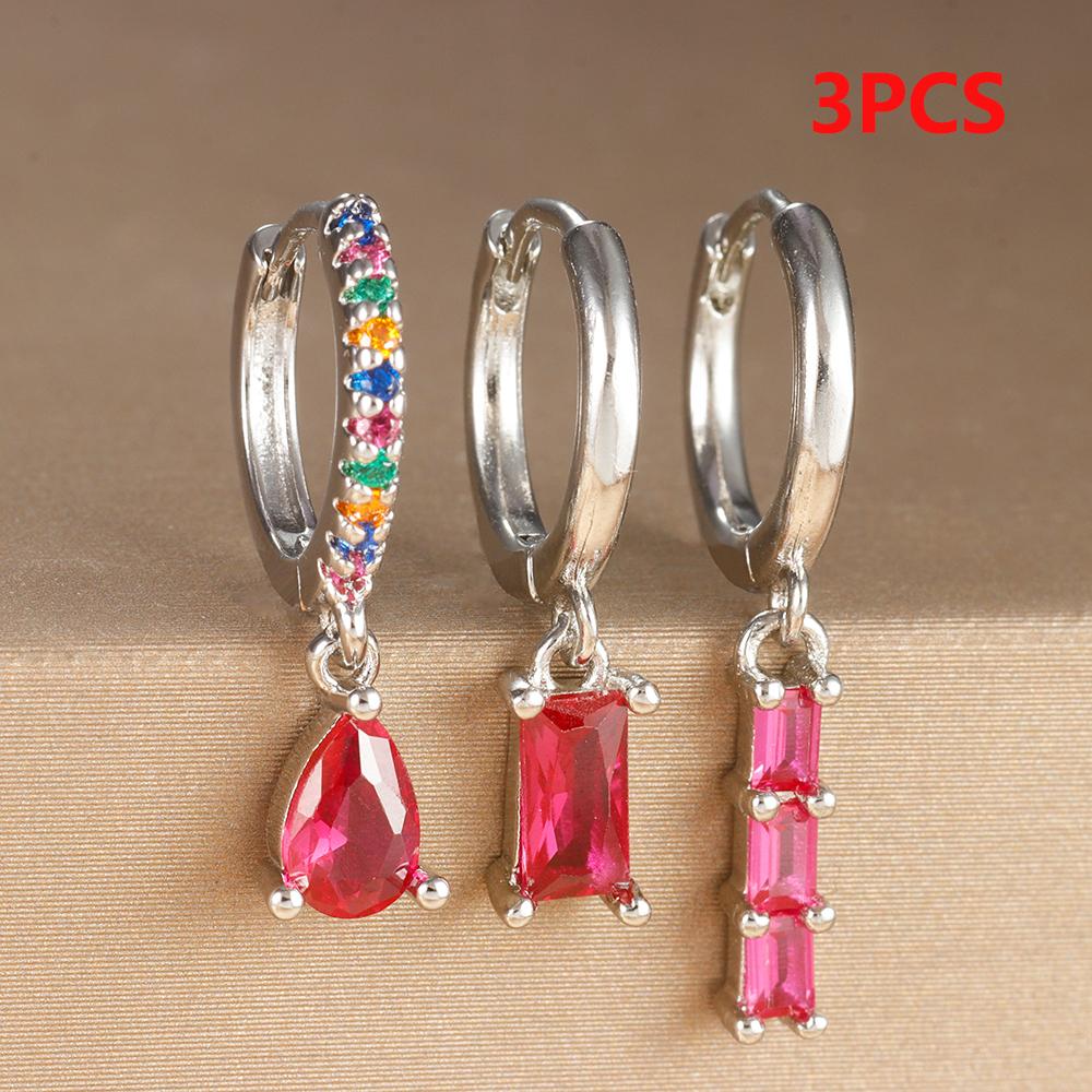 

3 шт. розово-красный циркон квадратные серьги-кольца набор для женщин нержавеющая сталь Huggies пирсинг хряща серьги свадебные украшения aretes