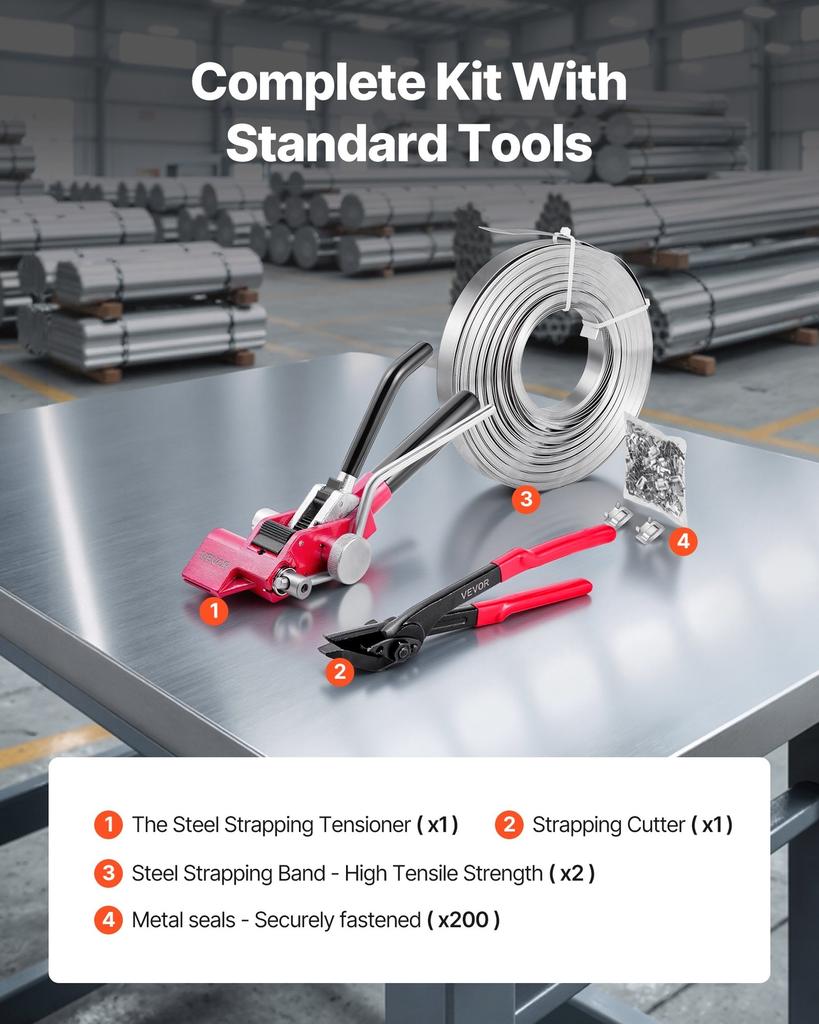 Steel Banding Strapping Kit, Heavy Duty Banding Sealer Tool with 60 M Binding Straps, 200 Metal Clasps, Manual Pallet Packaging Strapping Kit for