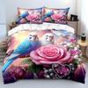 Pink Rose with Adorable Parrots Bedding Set for Kids Luxury Gift 3pcs Digital Print Comforter Set Soft Comfortable Breathable
