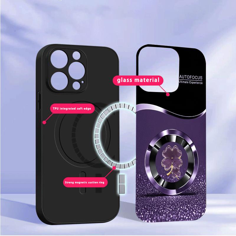 Fioletowy Czterolistny Koniczyna Dla iPhone 16E 15 Pro 14 13 Plus 12 mini 11 15Pro 14Max XR Xs X 8 P lus 16 Dla Magsafe Szklane Etui Na Telefon