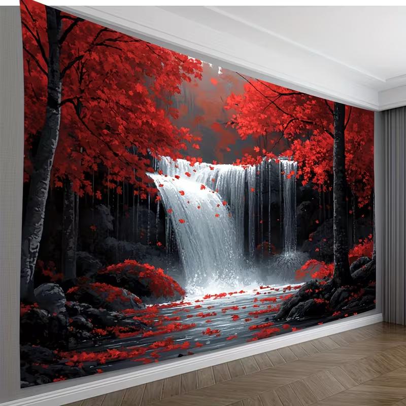 

2D Waterfall Red Tree Tapestry, Nature Scenery Background Fabric for Home 47.2x31.5inch/120*80cm