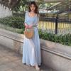 French temperament thin blue lace suspender dress women's summer new seaside vacation style beautiful long skirt