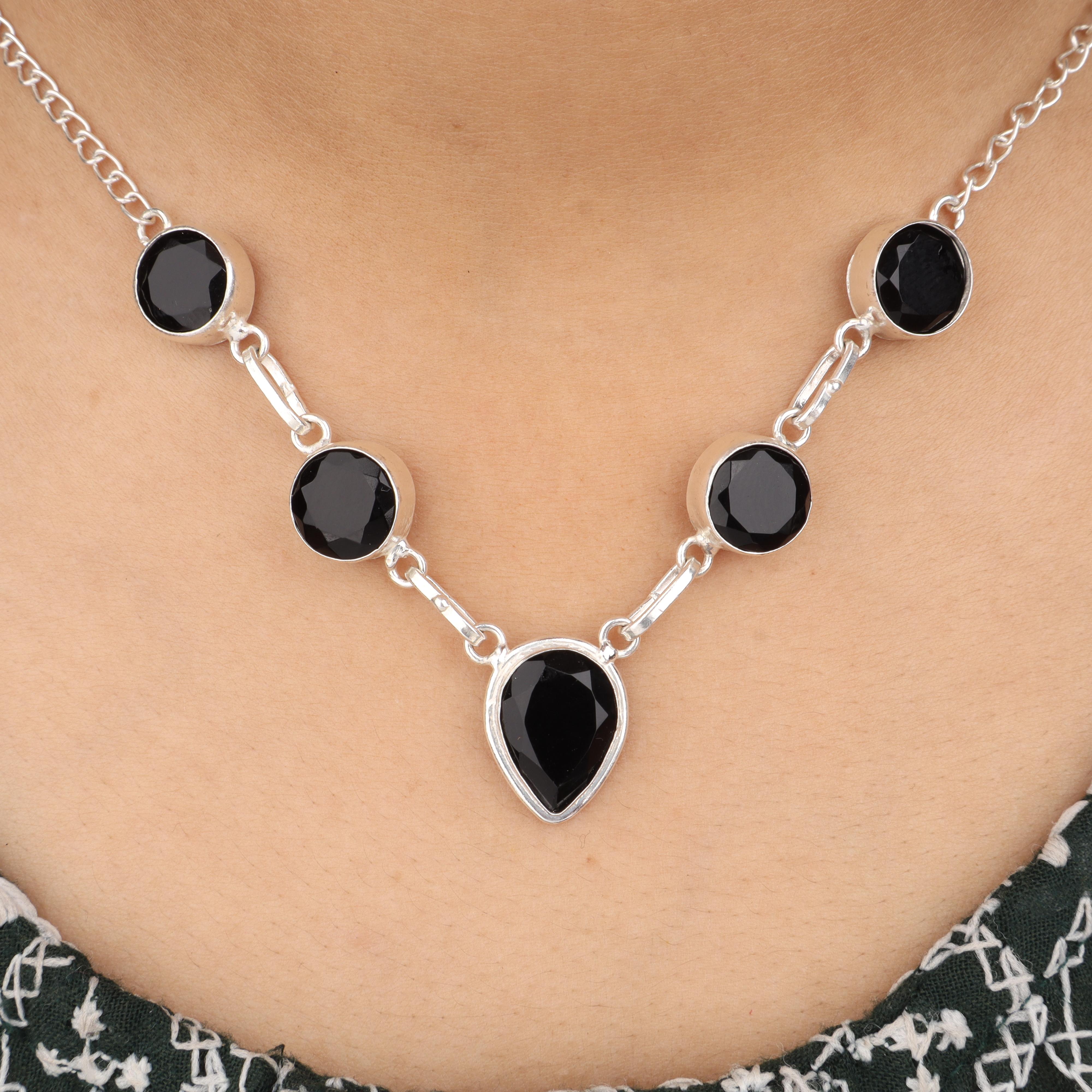 

Black Onyx Gemstone Silver Necklace 16-18 , 925 Sterling Silver Jewelry, July Birth Month Jewelry, Onyx Wedding Necklace For Her RN-3-22