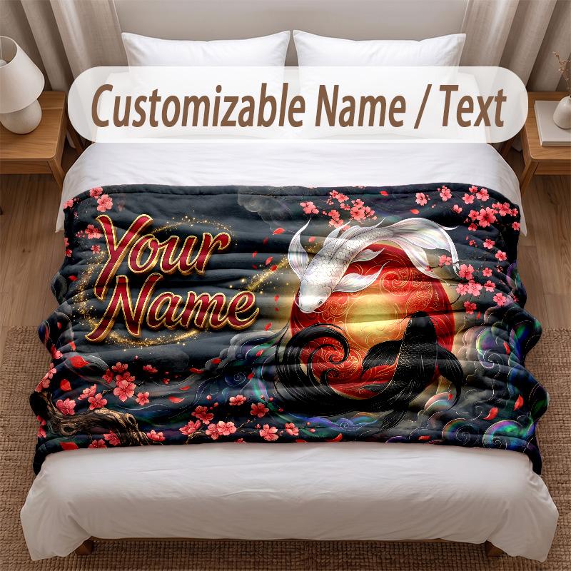 Fish Ocean Theme Soft Blanket Personalized Custom Name Text Print Warm Blanket Home Sofa Bedroom Decor