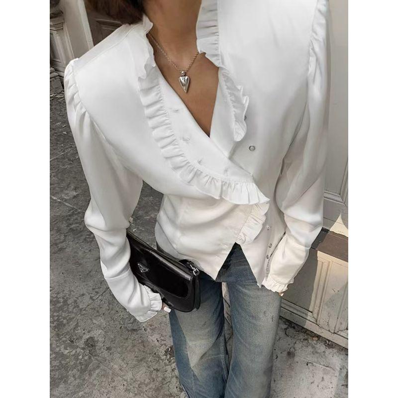 French style Palace Style Wooden Ear Satin Shirts Temperament Inner wear Lace Top Fashion Satin Shirt