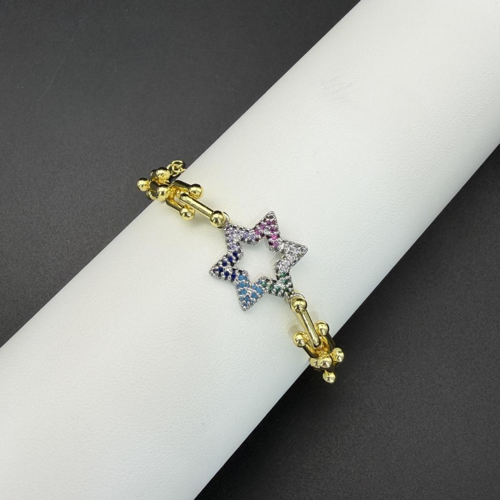 European & American Punk Chunky Chain Bracelet - T-shaped Zircon Inlaid, Hip Hop Metal Style, Colorful Hand Jewelry