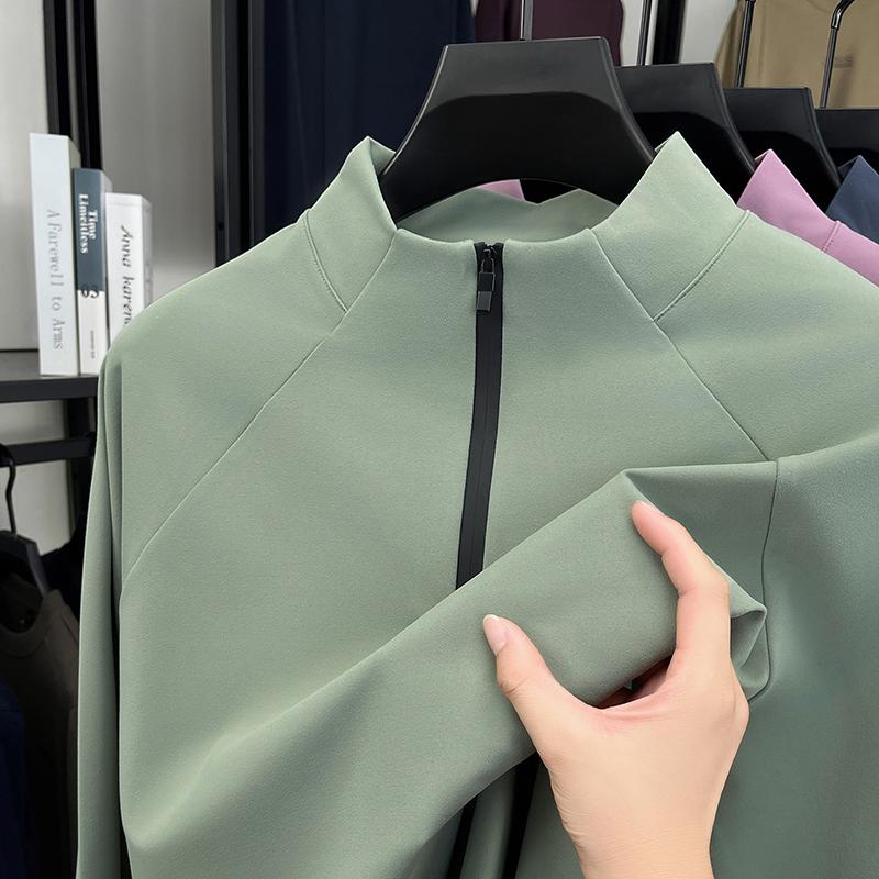 Men's Stand Up Collar Half Zipper Long Sleeve T-Shirt Autumn Solid Color Windproof Outdoor Commute Menswear