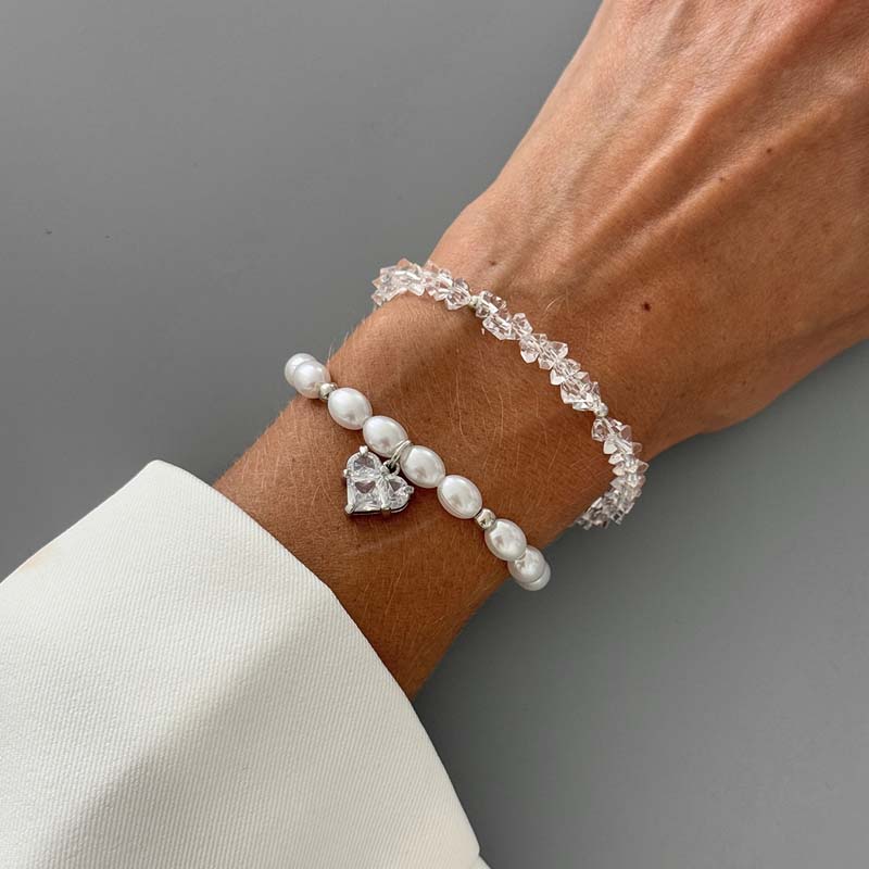 2Pcs/Set Elegant Pink Crystal Heart Bracelets for Women Vintage Imitation Pearl Double-Layer Bracelet Y2K Charm Jewelry Gift