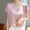 Damen Kurzarm-T-Shirt aus Seidensatin, Rundhalsausschnitt, Unifarben, Lockere Passform, Vielseitig, Schlankmachendes Drapier-Design