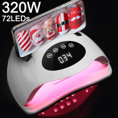 Lámpara de uñas UV LED portátil de gran potencia, 320 W, 72 LED, con soporte para teléfono y función de memoria para manicura profesional, lámpara de curado de gel para uñas.