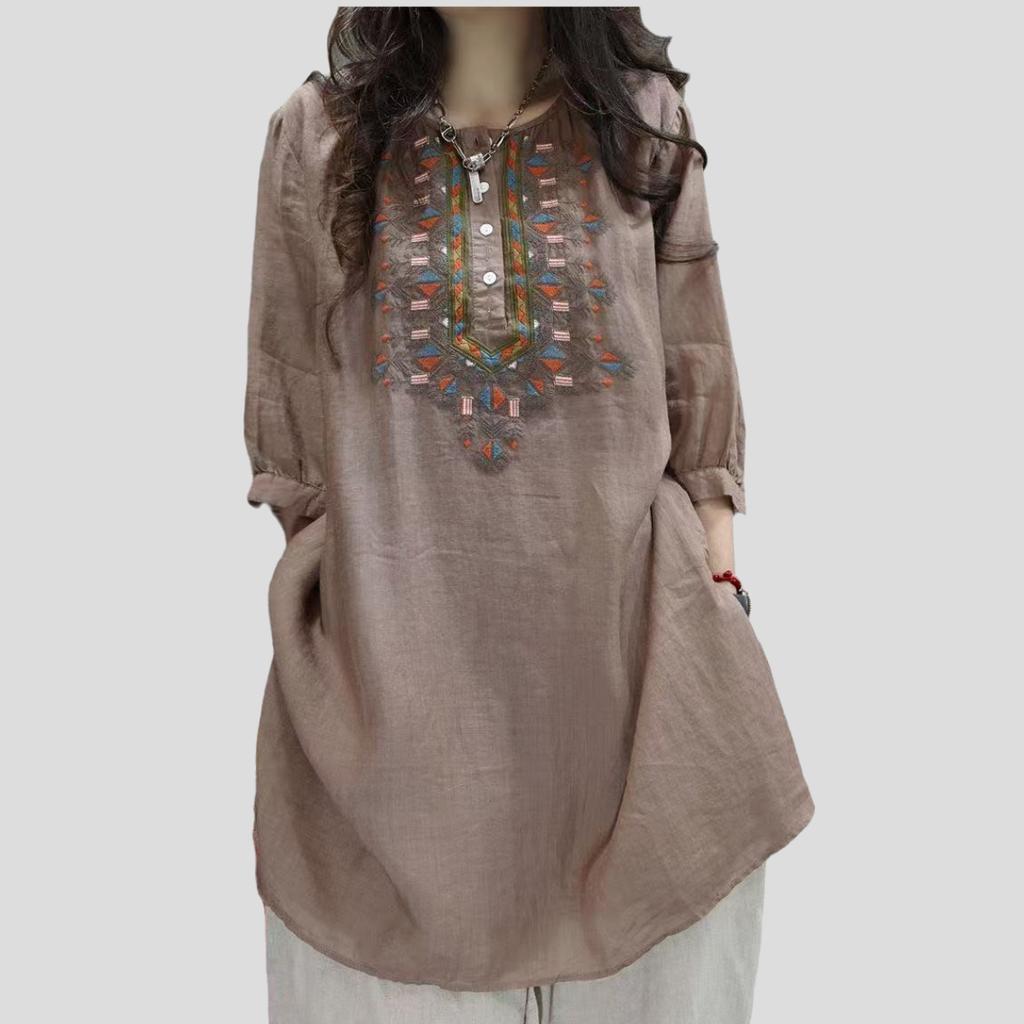 Vintage Summer Women's Cotton Linen Blouse Embroidered Loose Oversized Shirt Round Neck T-Shirt