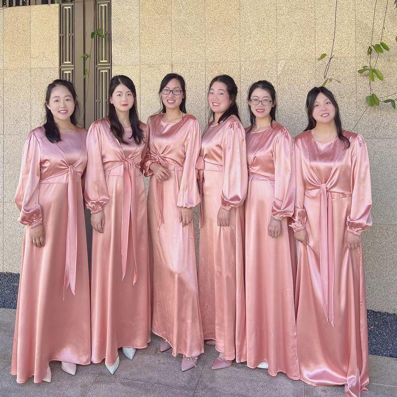 

New Waist Hugging Lace-up Dress Temperament Bridesmaid Dress Party Formal Dress round Neck Lace up Dress Pink L