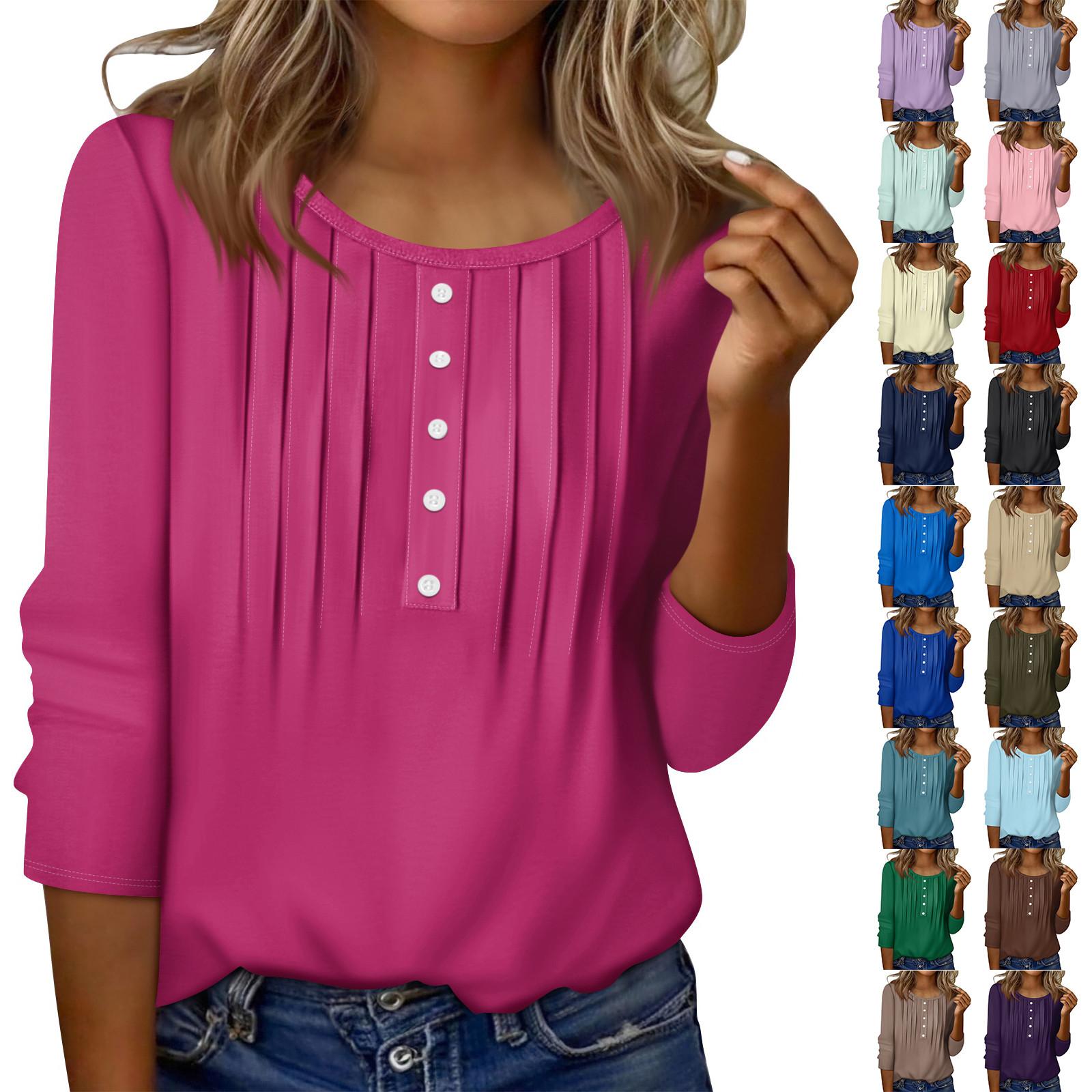 

Women s Round Neck Pull Stripe Decorative Button Top Casual Solid Color 3/4 Sleeve T Shirt L армія зелений колір